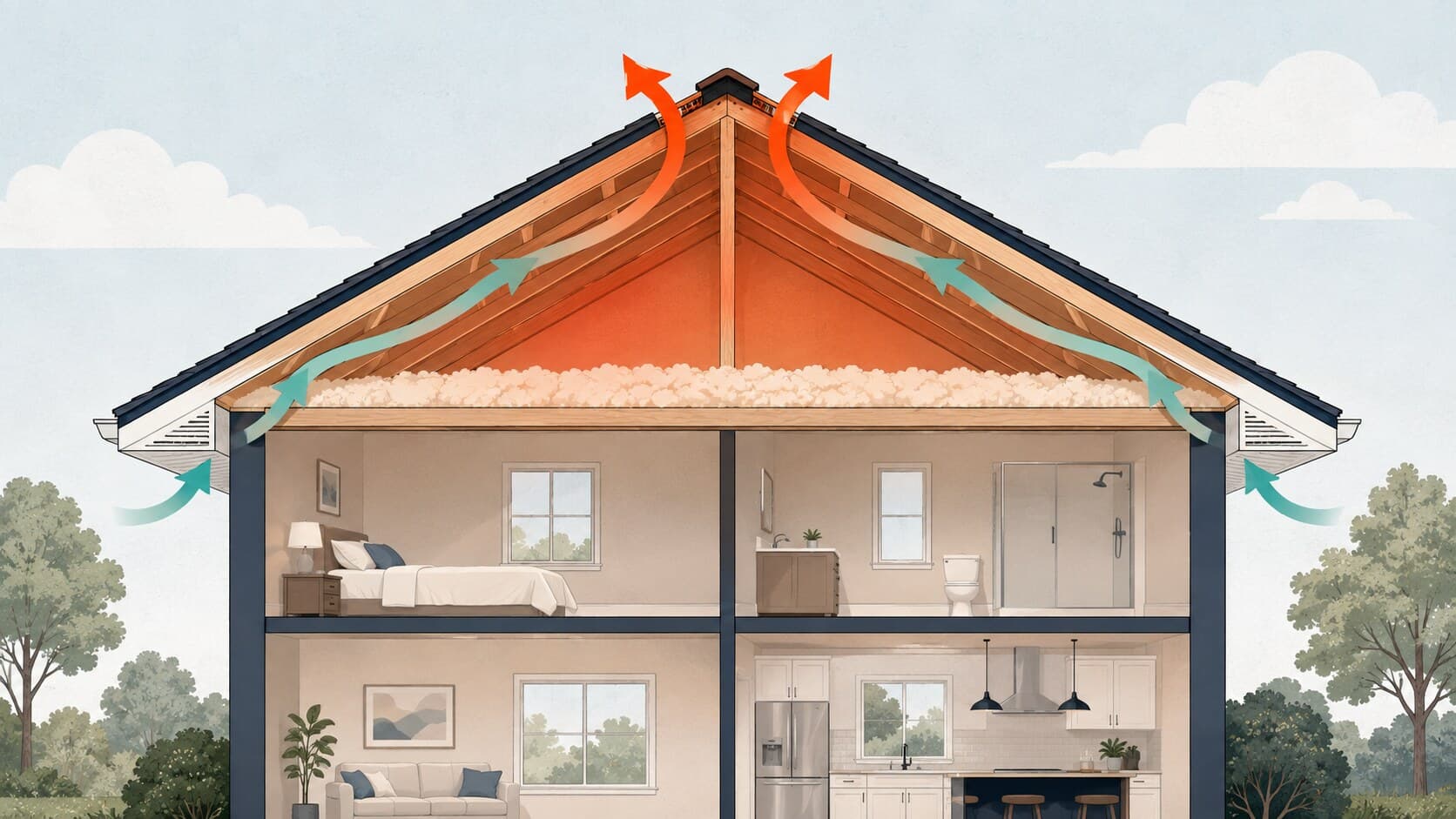 Cutaway illustration of a house: cool air entering at the soffit vents, warm air rising through the attic and leaving at the ridge vent